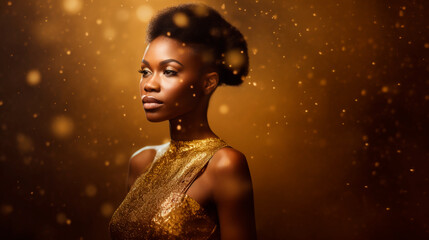 A woman in a gold dress stands in front of a gold background at an art event