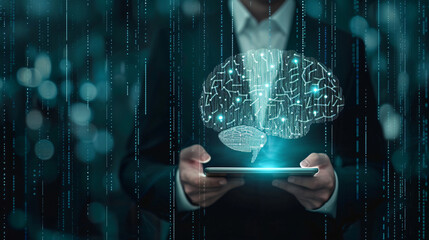 Business technology concept, of a businessman using tablet, glow screen, analysis brain data, connect green coding numbers, generative ai