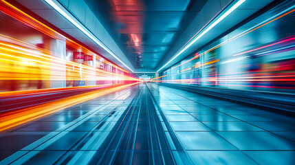 Fototapeta na wymiar Speed and Movement in Modern Urban Transportation, Futuristic Tunnel with Blurred Lights, Abstract City Motion