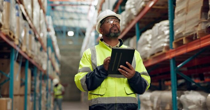 Black man, logistics and inventory inspection with tablet for supply chain, storage check or quality assurance at warehouse. African male person or manager with technology for checklist or shipping
