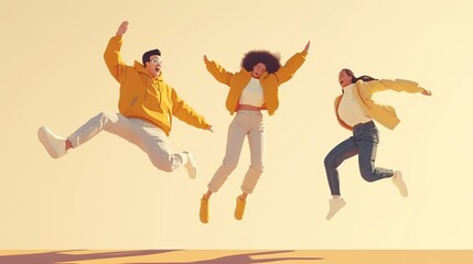Fototapeta na wymiar Three people are jumping in the air, one of them wearing a yellow jacket