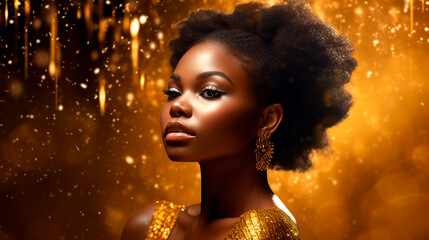 A happy woman in a gold dress and earrings stands in front of a gold background