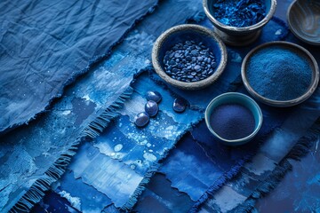 indigo and cobalt dyeing materials on textured fabric, suitable for art tutorials