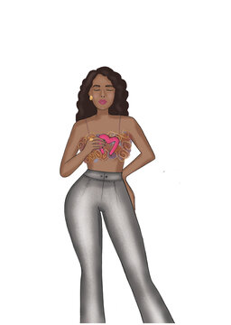 Mujer morena con pantal&oacute;n brillante y cr&iacute;o t&iacute;o de flores sosteniendo la letra m 