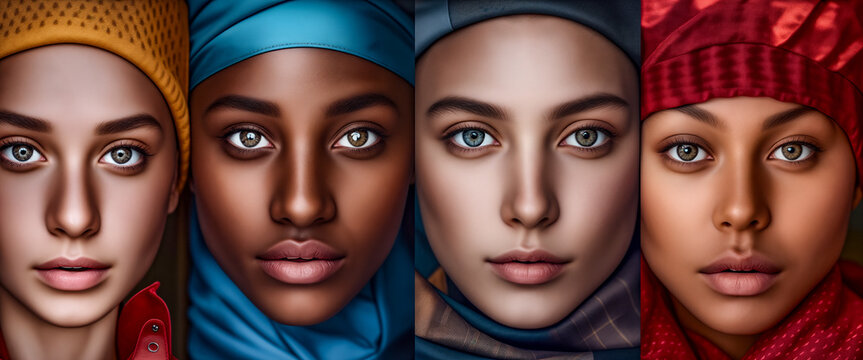 Collage of portraits of an ethnically diverse people. Multi-ethnic beauty. Different ethnicity women. Faces of women. Fashion photo