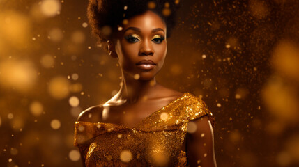 Woman in gold dress poses in front of gold background at Temple event