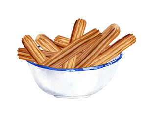 Churros in ceramic white blue bowl. Watercolor set. Spanish or mexican snack. Sweet dessert. Clip art. Hand-drawn illustration isolated on transparent.	
