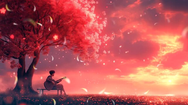 A man under tree playing guitar at sunset. Seamless looping time-lapse 4k video animation background