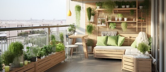 A spacious and bright urban residential balcony adorned with green potted plants and featuring a cozy couch. The design is casual and comfortable,