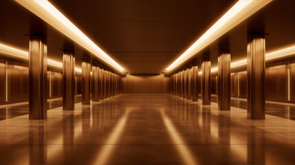Futuristic Sci-Fi Corridor 3D rendered image in an Art Deco style with brown and orange colors.