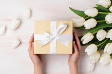 Obraz na płótnie Canvas Elegant hands presenting a gift box with a silky ribbon, accompanied by fresh white tulips on a wooden surface. Hands Holding a Gift with White Tulips