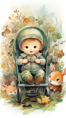 A baby in a stroller with two rabbits and a bird.