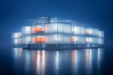 Floating glass house with warm interior lights at night