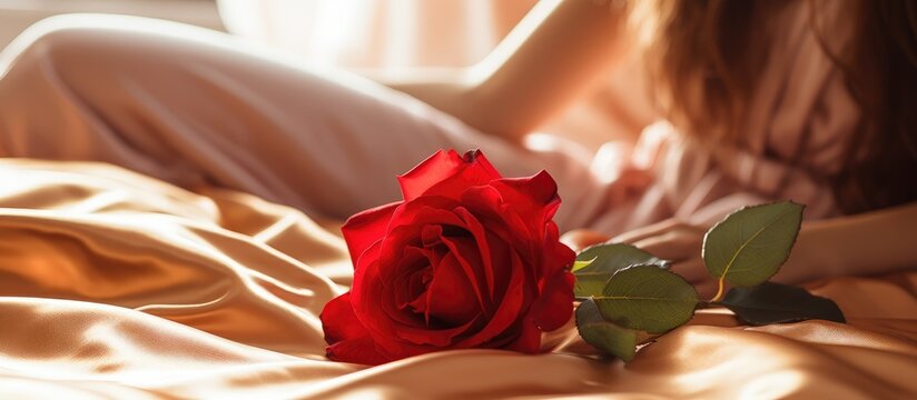 A red rose rests peacefully on top of a neatly made bed, contrasting against the white sheets. The morning light illuminates the delicate petals, creating a simple yet elegant scene.