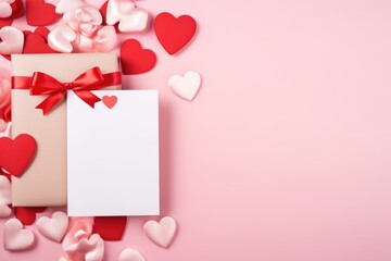 Romantic Valentine's setting with a gift, red hearts, and a blank card on a pink background for a personal message.