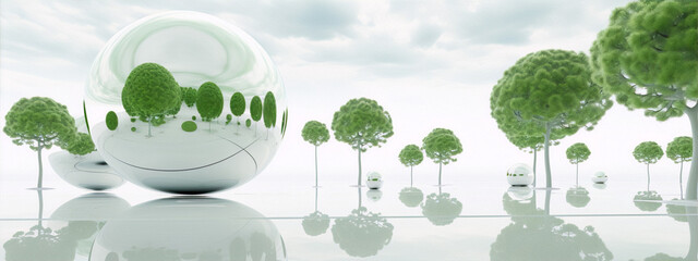 Futuristic surreal landscape with green trees and reflective spheres in a white glossy environment.