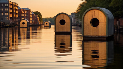 Floating wooden cabins with porthole windows on a calm river at sunset