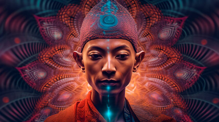 Close up of a mans face with a purple hat in a vibrant CG artwork