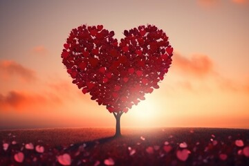 A digitally created heart-shaped tree with leaves in the form of red hearts standing in a serene field during sunset. Heart-Shaped Tree in a Sunset Field