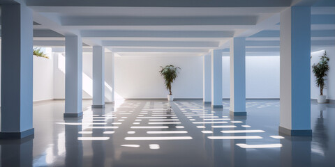 White minimal interior space with white columns and potted plant in the middle