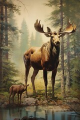 Naklejka na ściany i meble Moose in the wild forest