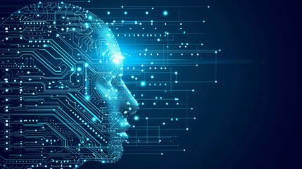 The technology concept of a digital glowing blue men face, with connect circuit board data, and data flow, generative ai