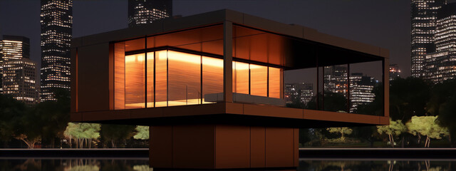 Floating house with huge glass windows in the middle of the lake at night