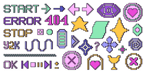 2000s pixel aesthetic nostalgia figure set. Collection of simple shapes in y2k style.