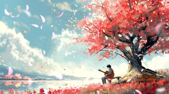 Person playing guitar under tree at spring. Seamless looping time-lapse 4k video animation background
