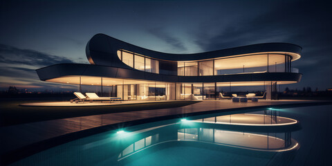 Obraz premium Futuristic house with pool at night. 3d rendering.
