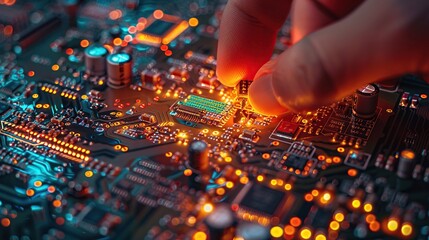Hand assembling electronic components on a circuit board.