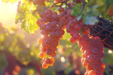 Cluster of grapes on a grapevine branch, sunlight filtering through leaves