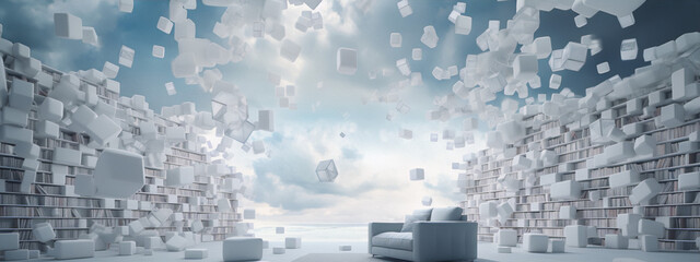 Surreal floating sofa and bookshelves with bright sky