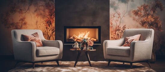 Two armchairs are placed near a fireplace in a cozy living room. A poster hangs above the fireplace, adding to the rooms decor. The environment is warm and welcoming,