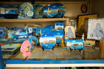 Various souvenir magnets from the island named Zakynthos in Greece