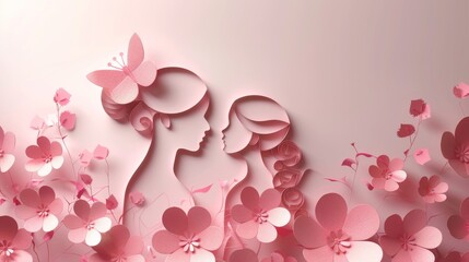 Happy Mother's day concept, floral decorations in paper art style. Paper craft of mother and child, pink color. Generative ai
