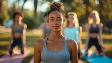 Pilates, exercise, stretching, yoga and happy friends in park for muscle health. Group women and men for fitness in nature. Generative ai