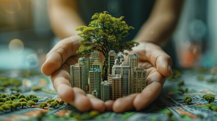 Man modeling sustainable green city concept with eco friendly white buildings and small trees from paper, representing urban planning and environmental conservation. Generative ai