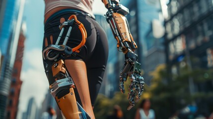 Young beautiful disabled woman with prosthetic artificial arm and leg in the city background. Generative ai