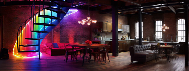 Modern industrial style apartment interior with spiral staircase, exposed brick walls and large windows