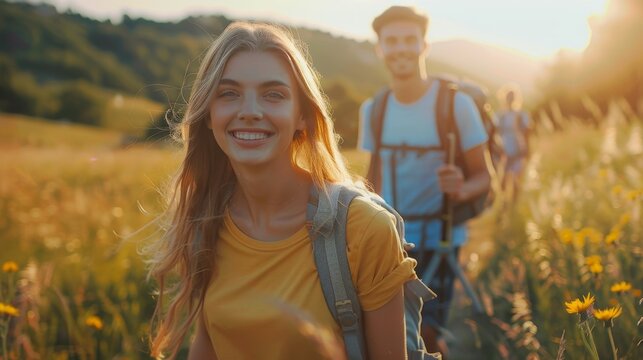 Beautiful young man and woman on a walks in the mountain goes hiking with a backpacks. Active healthy lifestyle adventure journey vacations. Generative ai