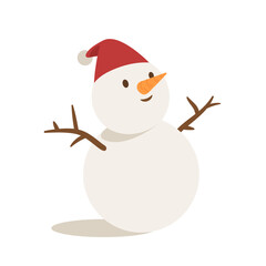 Cute snowman wearing red Santa hat isolated on white background. Element for winter season decoration. Flat vector illustration cartoon character.