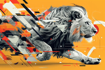 A striking montage of a lion in full sprint, seamlessly integrated with abstract geometric shapes on an orange backdrop.