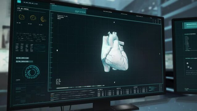 Medical diagnostic examination program scanning damaged heart organ. Medical examination technology examining vital organ for disease. Medical diagnostic examination tech detects Cardiac Ischemia