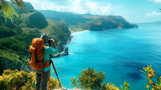 Hiker with camera taking picture of seascape : Summiting Hill with Breathtaking Seascape View