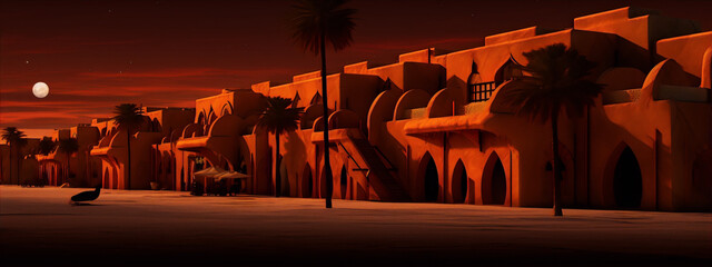 3D rendering of a traditional Arabian town with a full moon in the background in warm colors