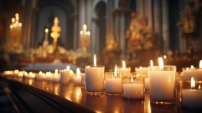 Candles in Church with Altar in Background