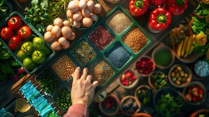 Top-view scene Hand arranging colorful seed packets and gardening tools on a potting bench. - obrazy, fototapety, plakaty