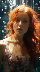 Serene Redhead Woman Underwater with Bubbles

