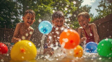 Fototapeta premium A joyful event unfolds as a group of children happily engage in a leisurely backyard activity, playing with water balloons. AIG41